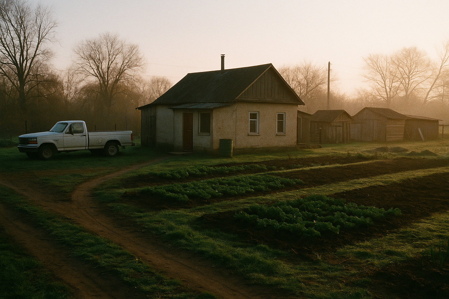 Cover image for Cheapest Ways to Live on Land showing a modest rural homesite with a simple small house, garden beds, pickup truck, and practical outbuildings at dawn.