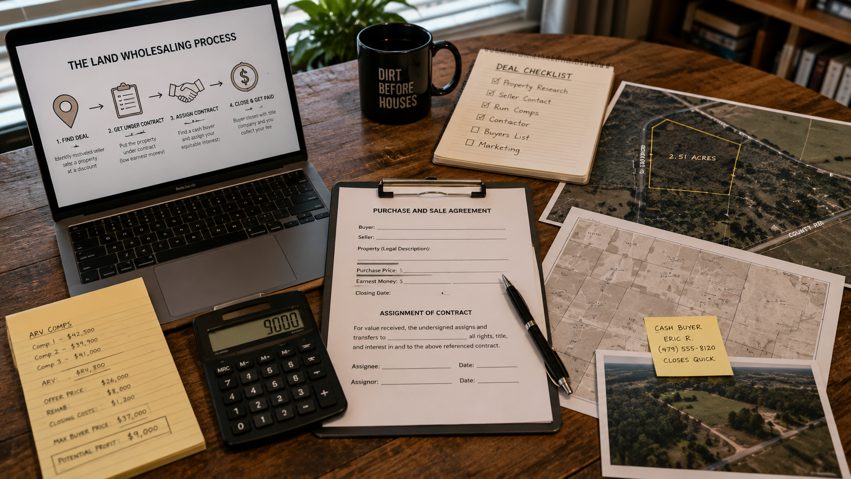 Cover image for How a Land Wholesaling Deal Actually Works showing Documentary land-deal image, parcel map, assignment paperwork, and aerial photos on a desk with muted rural backdrop.