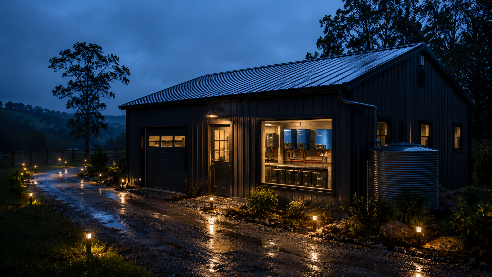 Cover image for How Backup Power Fits Into a Modern Land Plan showing Documentary film photo, close interior utility-room shot of a home battery rack, interlock or transfer switch, and modern electrical panel, indicator lights glowing subtly,.