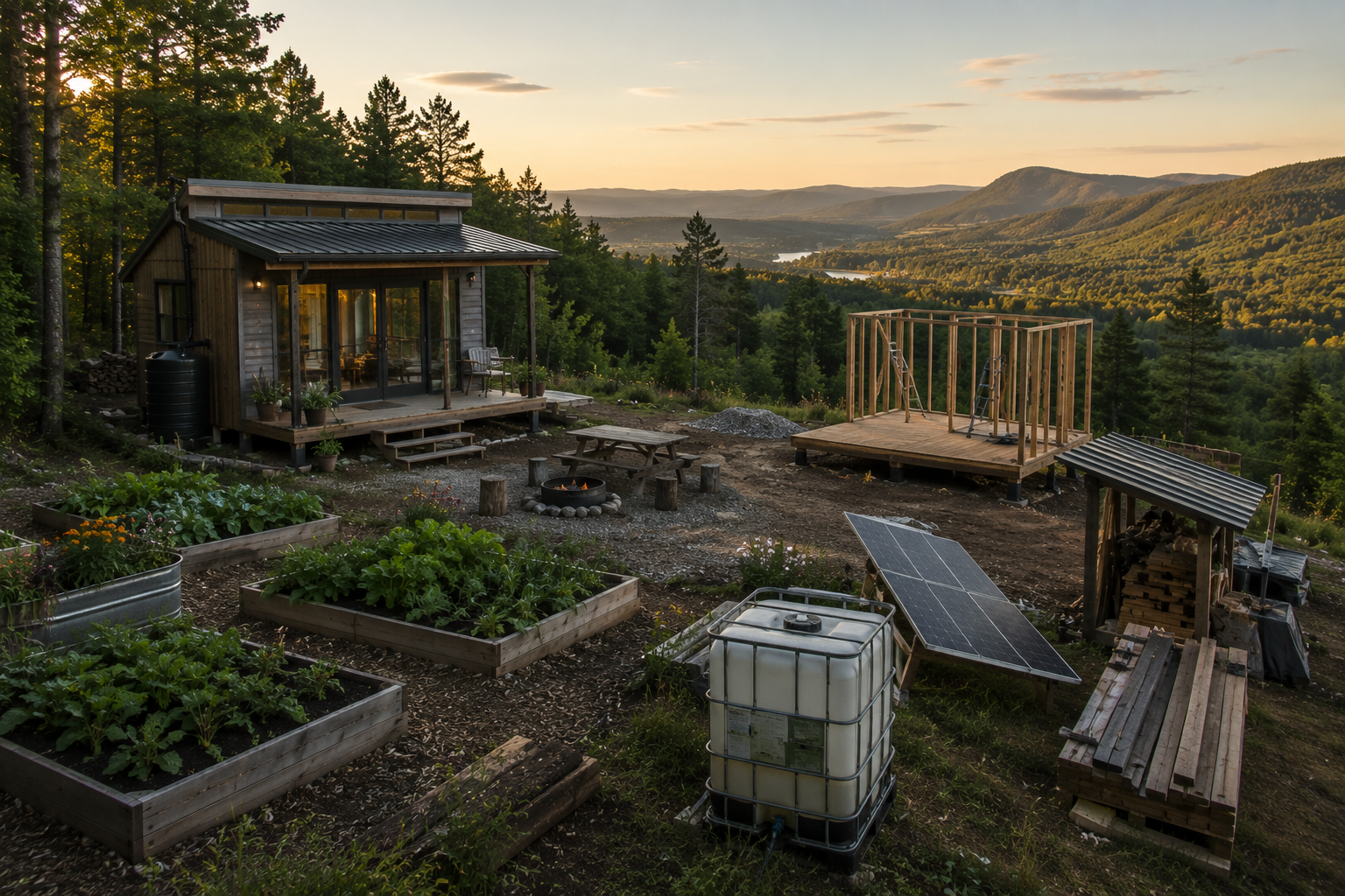Cover image for How to Build a Homestead in Phases showing an early-stage homestead with a simple cabin, stacked building materials, water tote, garden beds, and a greenhouse frame on rural land at golden hour.