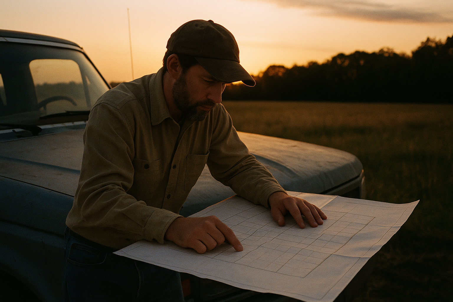 Cover image for How to Buy Land on a Tight Budget showing a modest rural land buyer reviewing a paper parcel map on the hood of an older truck at sunset, open field and tree line in the background.