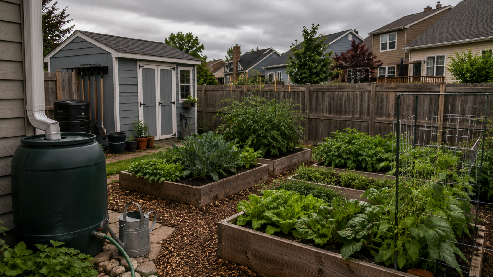 Cover image for How to Start Self-Reliance in a Neighborhood Before You Ever Buy Land showing Documentary film photo, suburban backyard scene with raised beds, rain barrel, compact tool storage, and neighboring fences softly visible.
