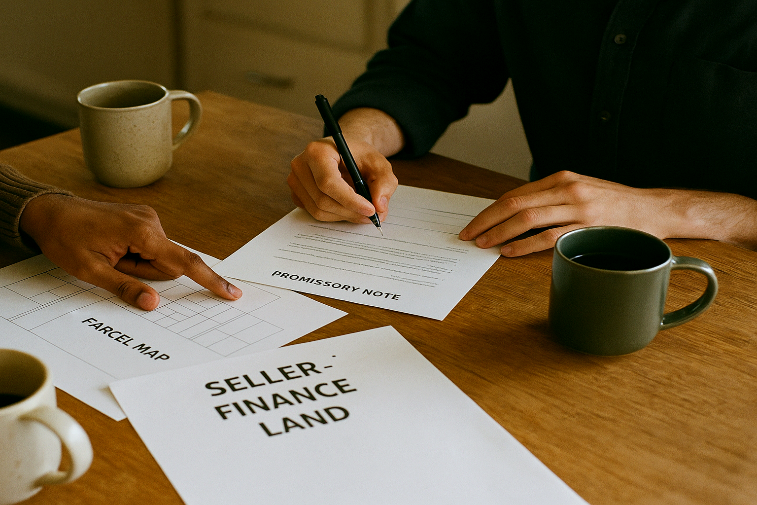 Cover image for Owner Financing as a Tool for Access, Not Hype showing Documentary seller-financing image, simple note terms beside parcel map and calculator on a clean desk, access-over-hype tone.