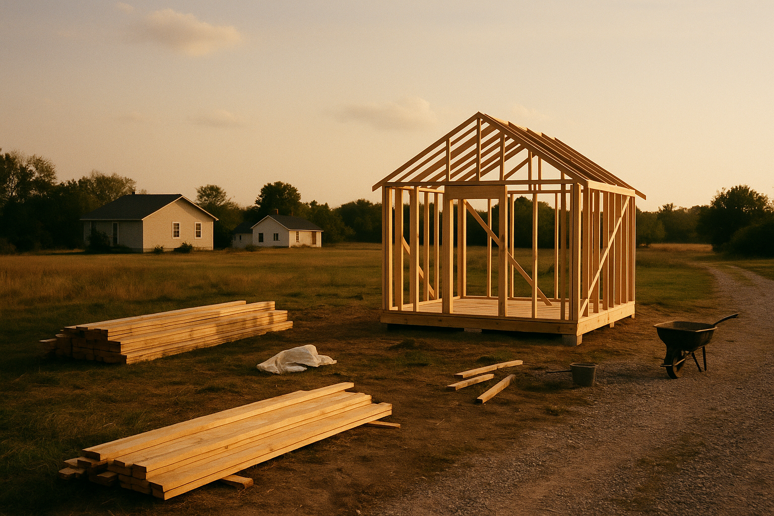 Cover image for Why Homes Should Be Built for Living, Not Just Investment showing Documentary-style film photograph of a modest unfinished rural homesite at golden hour, simple framed structure and stacked building materials on open land, lived-in but.