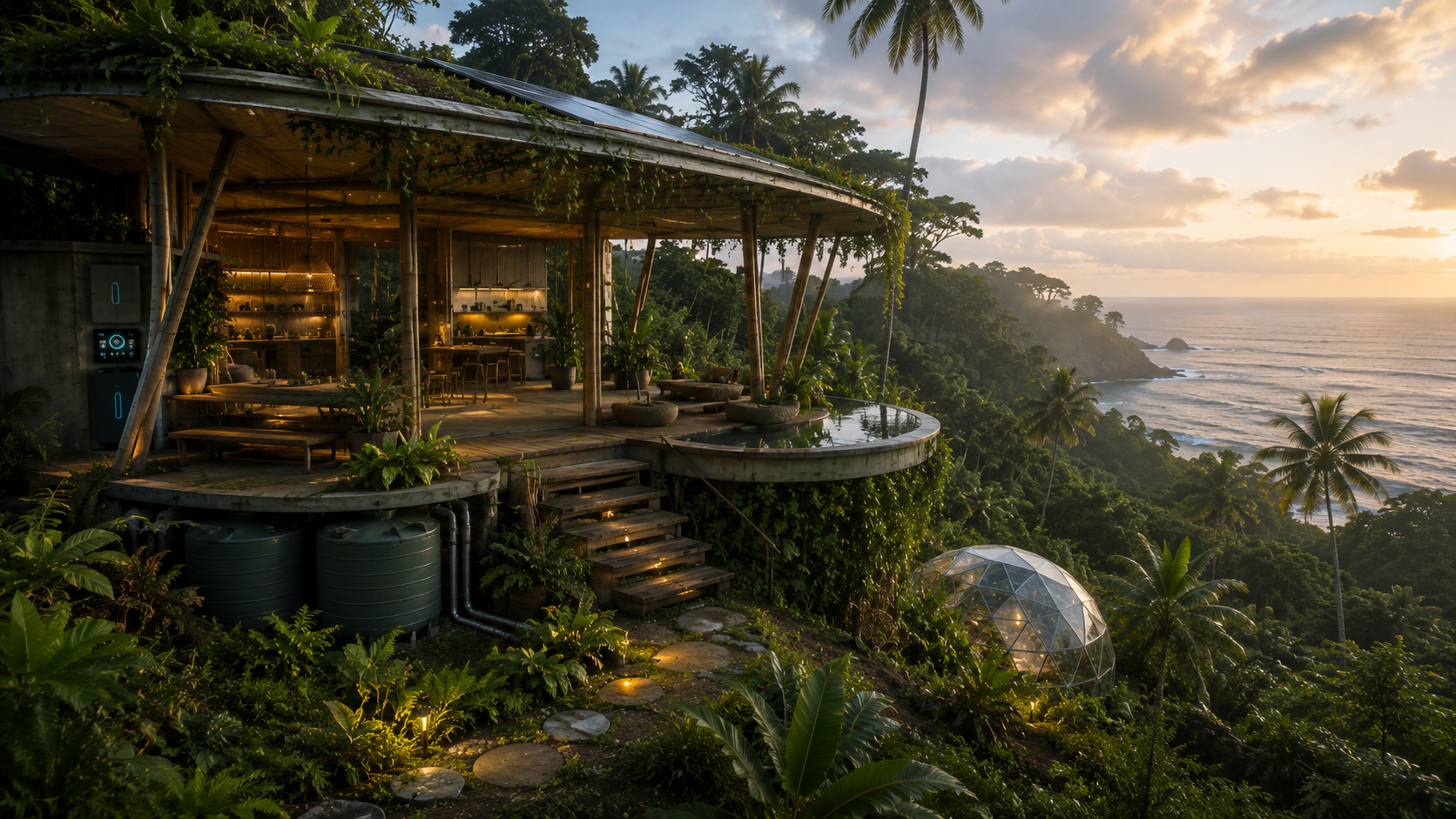 Cover image for What Hybrid Off-Grid Living Actually Looks Like showing Documentary film photo, front-three-quarter view of a semi-rural house with visible utility service line, small solar array, tidy backyard garden, and detached backup-power.