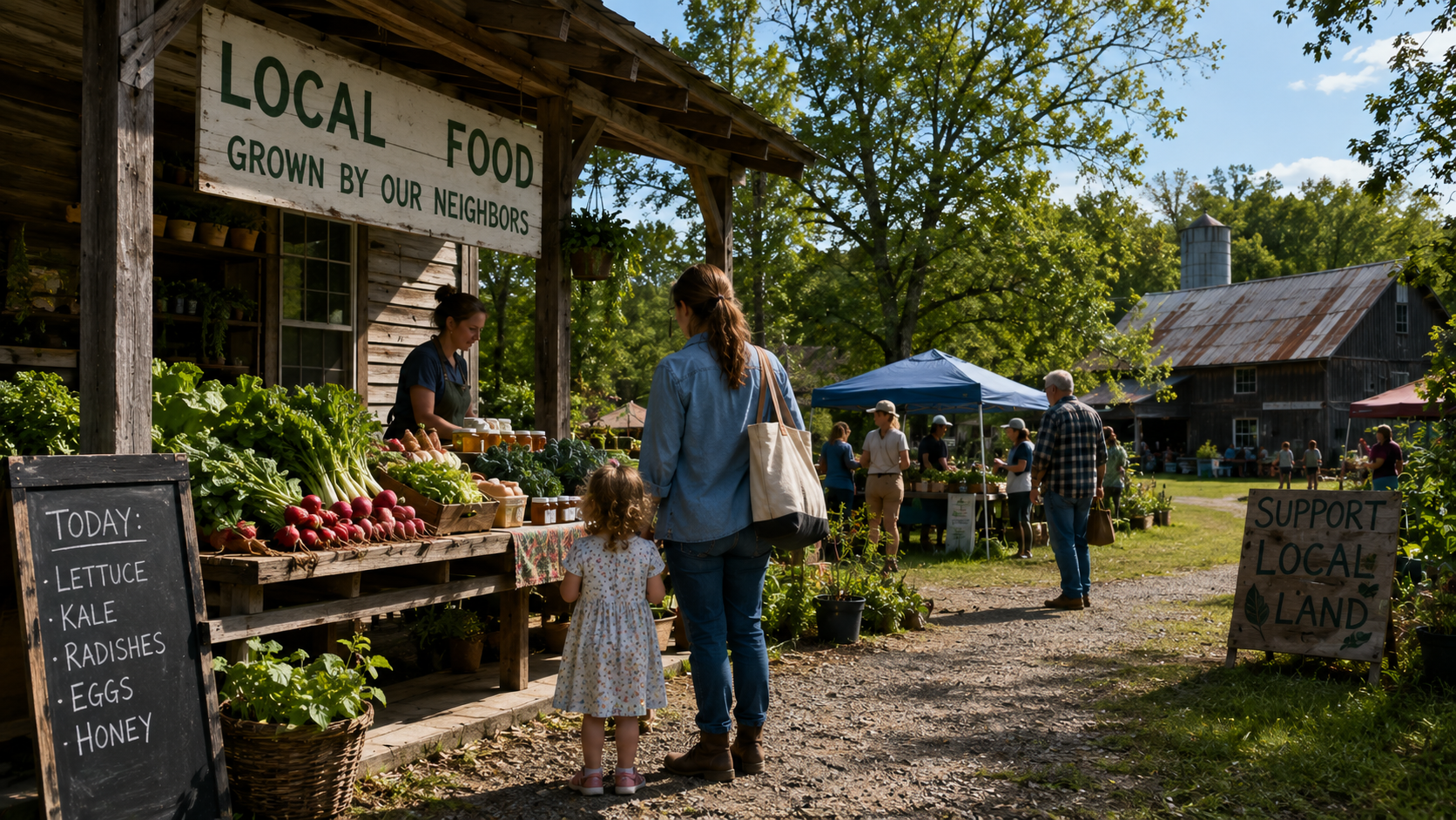 Cover image for What You Can Do Now to Rebuild Local Food showing Editorial illustration of a neighborhood table with eggs, vegetables, jars, bread, seeds, and a small map pin connecting homes to nearby farms and gardens.
