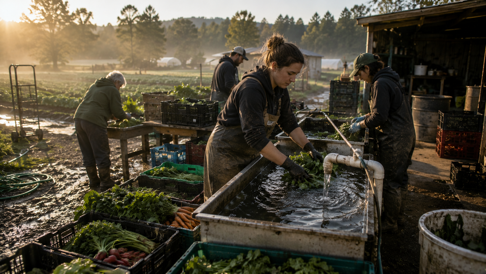 Cover image for Why Local Processing Capacity Matters More Than People Think showing Editorial illustration of a small farm connected to a local kitchen, cold room, packing table, and delivery van, showing middle infrastructure between field and table, earthy.