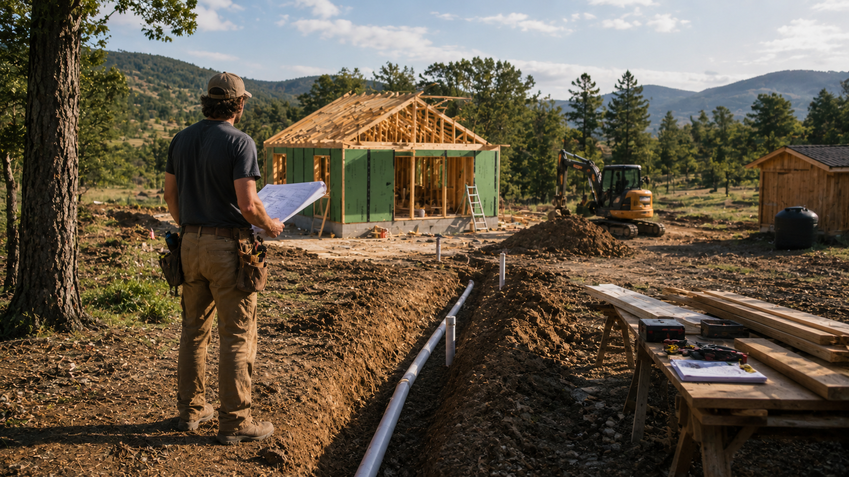 Cover image for Build Smarter, Not Bigger showing a modest rural build site in progress with utility trenching, simple structure framing, and a phased construction atmosphere.