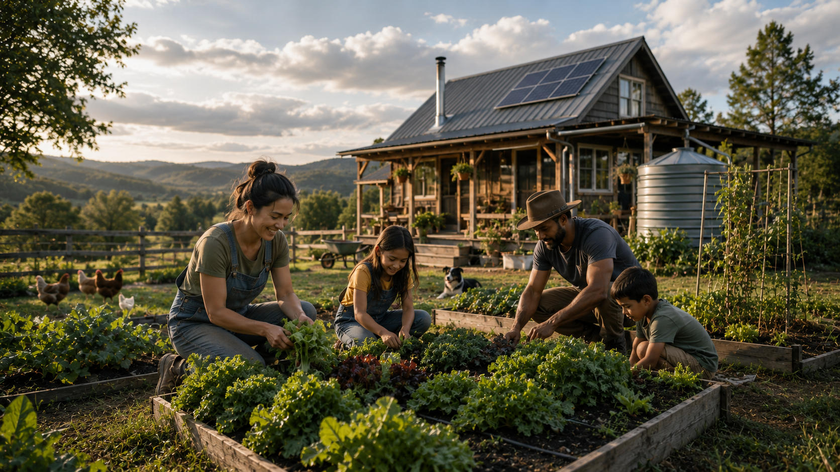 Cover image for Create a Working Homestead showing a small working homestead with garden rows, simple outbuildings, water systems, and lived-in resilience.