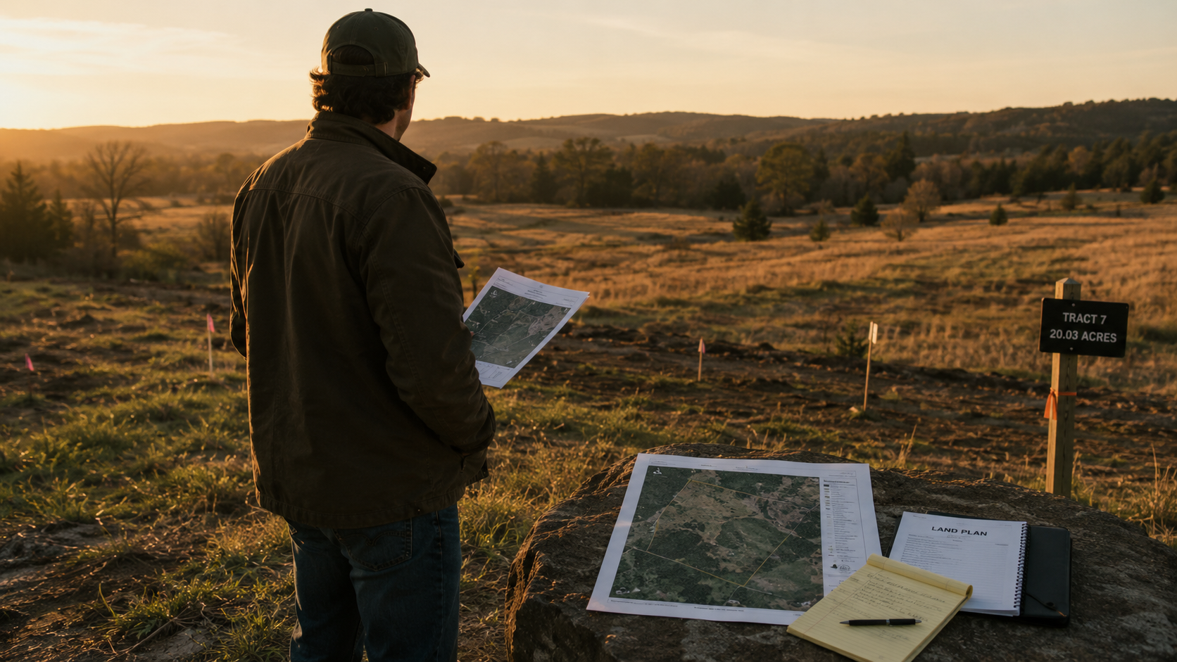 Cover image for Start with the Right Land showing a first-time land buyer standing at the edge of a rural parcel with map packet, survey stakes, and a practical first-phase mindset.