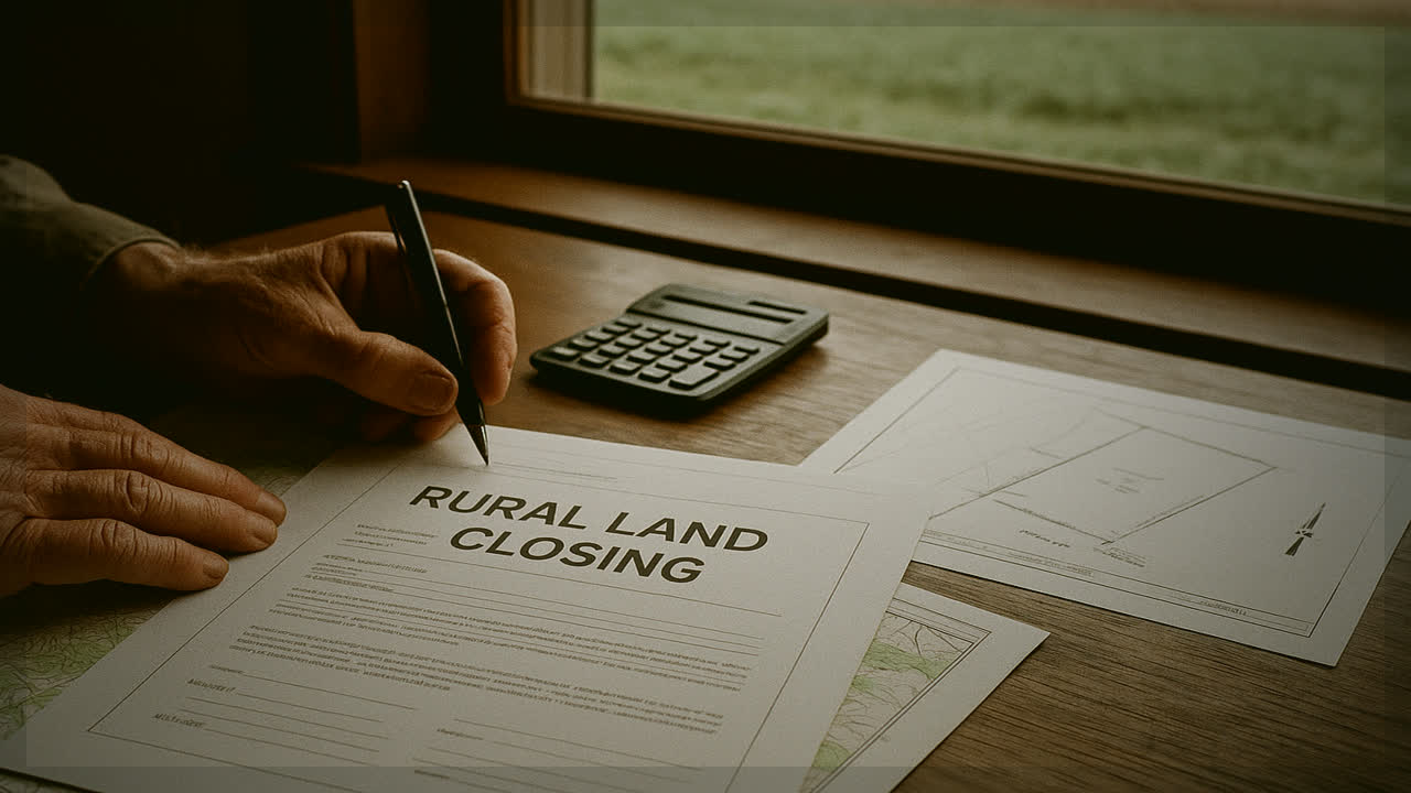 Cover image for Financing Land: Cash vs. Owner Finance vs. Bank showing a land buyer comparing financing paperwork at a rural kitchen table with parcel maps and calculator.